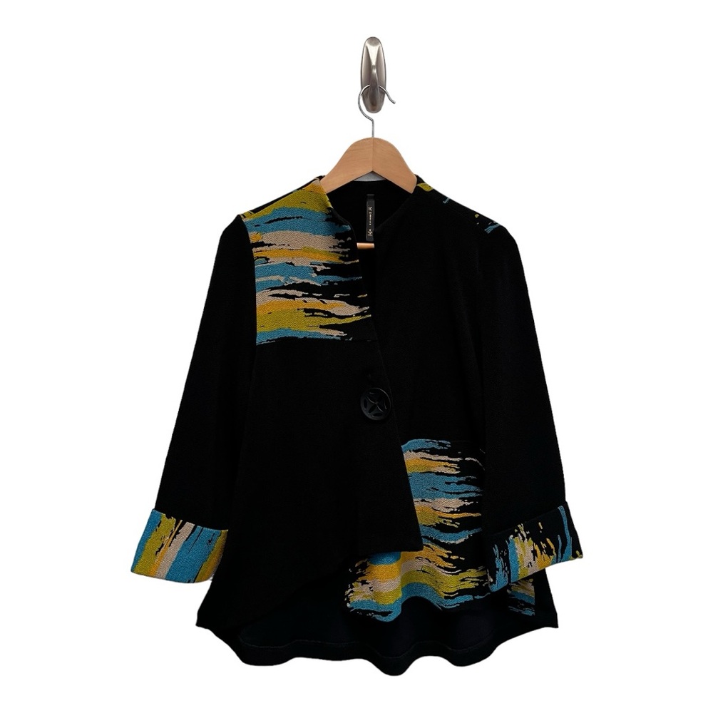 IC By Connie K Quirky Textured Asymmetrical Black Kimono Jacket M Teal Golden